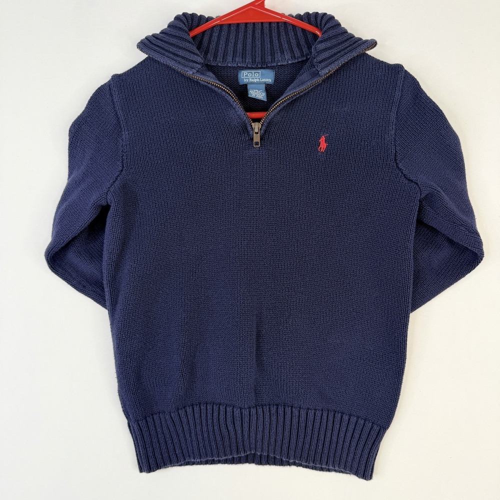 VTG Polo Ralph Lauren Quarter Zip Sweater Boys M-10-12 Navy Blue Cotton Pullover